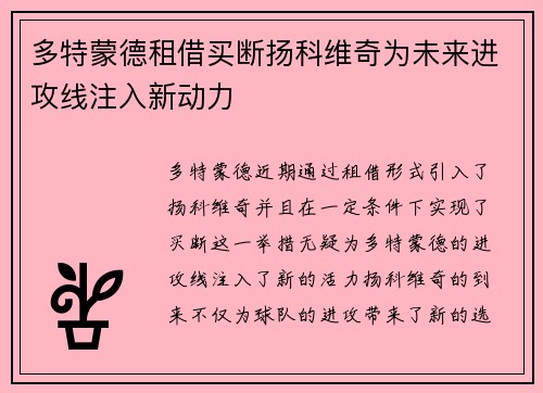 多特蒙德租借买断扬科维奇为未来进攻线注入新动力
