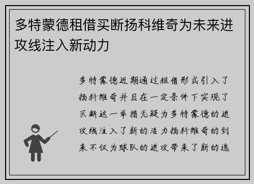 多特蒙德租借买断扬科维奇为未来进攻线注入新动力 多特蒙德租借买断扬科维奇为未来进攻线注入新动力